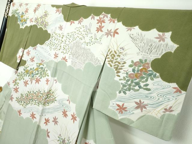 平和屋着物●訪問着　胴抜き仕立て　流水草花文　正絹　逸品　DABI2474ud