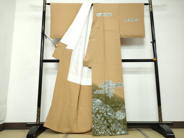 平和屋着物●訪問着　花鳥絵皿文　暈し染め　銀彩　正絹　逸品　DABI2475ud