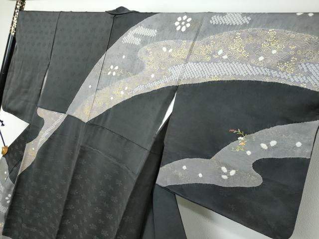 平和屋着物●訪問着　絞り　刺繍　草花文　金彩　正絹　逸品　DABI2490ud