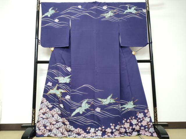 平和屋着物●訪問着　駒刺繍　飛鶴梅松文　金彩　ロング丈　正絹　逸品　DABI2498ud