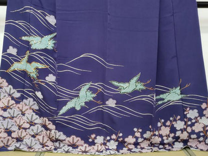 平和屋着物●訪問着　駒刺繍　飛鶴梅松文　金彩　ロング丈　正絹　逸品　DABI2498ud