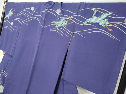 平和屋着物●訪問着　駒刺繍　飛鶴梅松文　金彩　ロング丈　正絹　逸品　DABI2498ud
