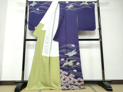 平和屋着物●訪問着　駒刺繍　飛鶴梅松文　金彩　ロング丈　正絹　逸品　DABI2498ud