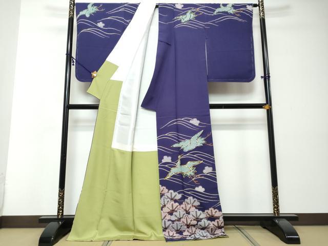 平和屋着物●訪問着　駒刺繍　飛鶴梅松文　金彩　ロング丈　正絹　逸品　DABI2498ud