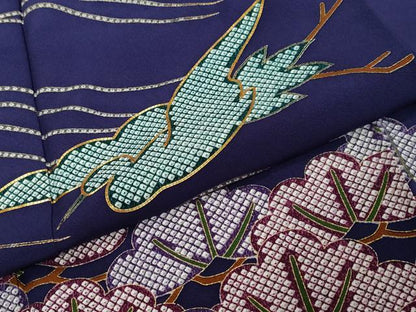 平和屋着物●訪問着　駒刺繍　飛鶴梅松文　金彩　ロング丈　正絹　逸品　DABI2498ud
