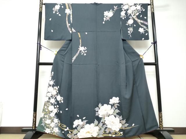 平和屋着物●訪問着　駒刺繍　流水草花文　暈し染め　金彩　正絹　逸品　DABI2507ud