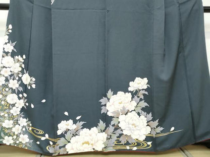 平和屋着物●訪問着　駒刺繍　流水草花文　暈し染め　金彩　正絹　逸品　DABI2507ud