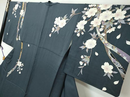 平和屋着物●訪問着　駒刺繍　流水草花文　暈し染め　金彩　正絹　逸品　DABI2507ud