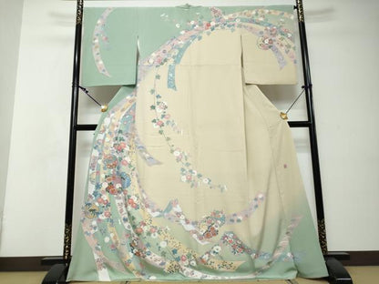 平和屋着物●手描友禅　奥田秀水　訪問着　駒刺繍　雪輪熨斗草花文　暈し染め　正絹　逸品　DABI2514ud