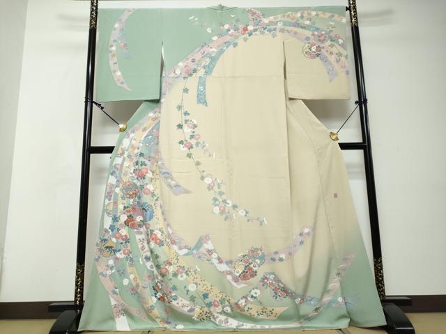 平和屋着物●手描友禅　奥田秀水　訪問着　駒刺繍　雪輪熨斗草花文　暈し染め　正絹　逸品　DABI2514ud