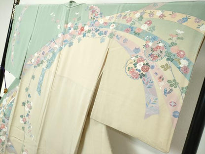 平和屋着物●手描友禅　奥田秀水　訪問着　駒刺繍　雪輪熨斗草花文　暈し染め　正絹　逸品　DABI2514ud