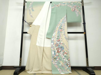 平和屋着物●手描友禅　奥田秀水　訪問着　駒刺繍　雪輪熨斗草花文　暈し染め　正絹　逸品　DABI2514ud