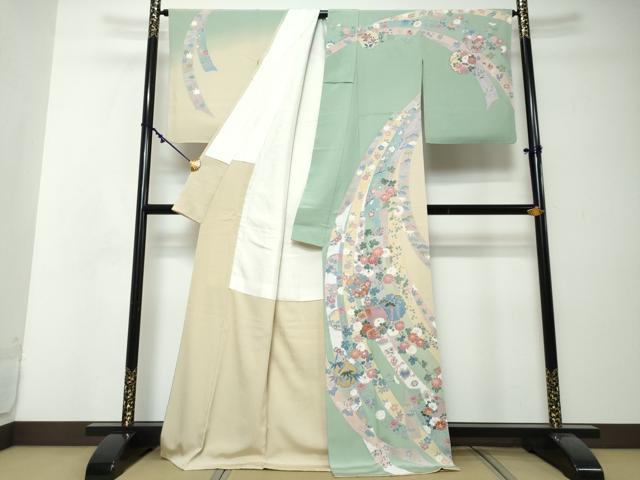 平和屋着物●手描友禅　奥田秀水　訪問着　駒刺繍　雪輪熨斗草花文　暈し染め　正絹　逸品　DABI2514ud