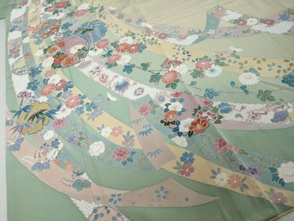 平和屋着物●手描友禅　奥田秀水　訪問着　駒刺繍　雪輪熨斗草花文　暈し染め　正絹　逸品　DABI2514ud