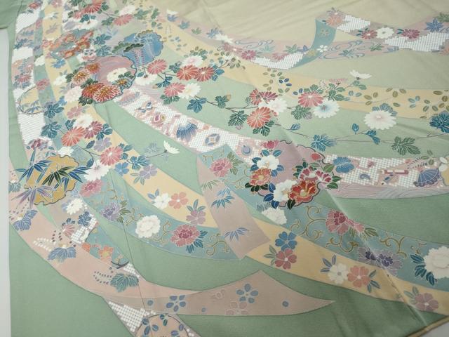 平和屋着物●手描友禅　奥田秀水　訪問着　駒刺繍　雪輪熨斗草花文　暈し染め　正絹　逸品　DABI2514ud