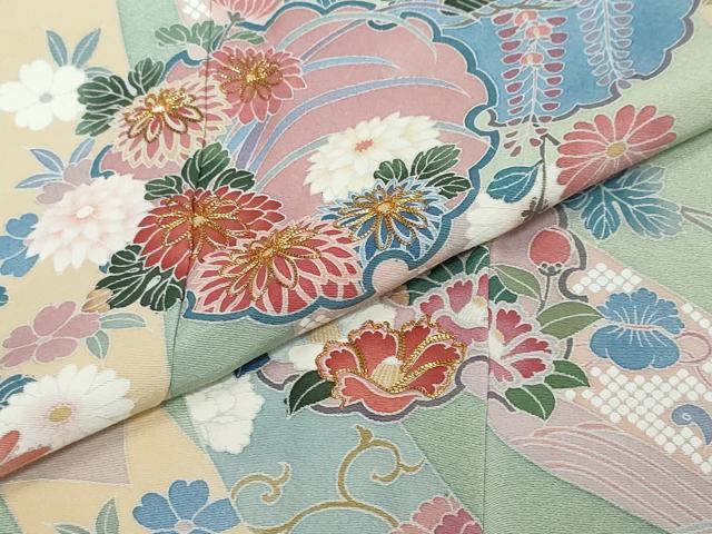平和屋着物●手描友禅　奥田秀水　訪問着　駒刺繍　雪輪熨斗草花文　暈し染め　正絹　逸品　DABI2514ud