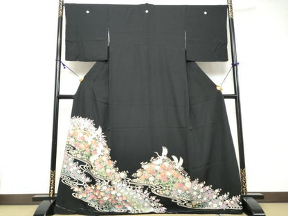 平和屋着物●豪華黒留袖　友禅　流水飛鶴草花文　正絹　逸品　DABI2530ud