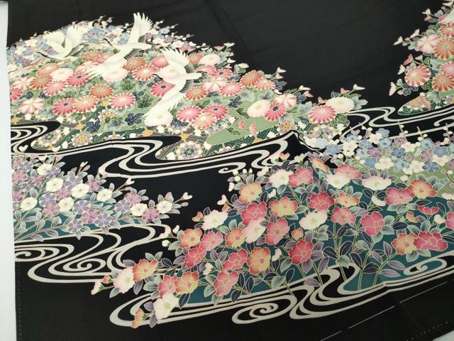 平和屋着物●豪華黒留袖　友禅　流水飛鶴草花文　正絹　逸品　DABI2530ud