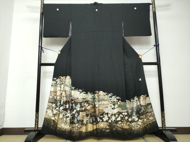 平和屋着物●豪華黒留袖　御所車人物風景文　金彩　友記本金箔　正絹　逸品　DABI2540ud