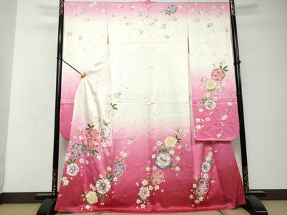 平和屋着物●豪華振袖　駒刺繍　舞花文　暈し染め　金彩　正絹　逸品　DABI2552ud