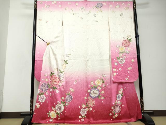 平和屋着物●豪華振袖　駒刺繍　舞花文　暈し染め　金彩　正絹　逸品　DABI2552ud