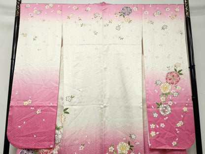 平和屋着物●豪華振袖　駒刺繍　舞花文　暈し染め　金彩　正絹　逸品　DABI2552ud