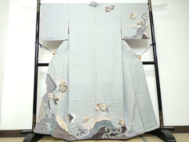 平和屋着物●訪問着　駒刺繍　色紙重ね飛鶴草花文　金彩　正絹　逸品　DABI2558ud