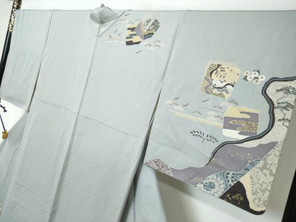 平和屋着物●訪問着　駒刺繍　色紙重ね飛鶴草花文　金彩　正絹　逸品　DABI2558ud