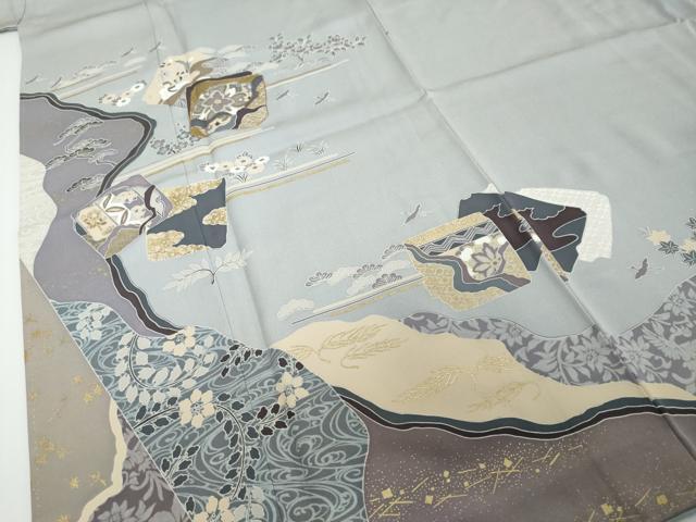 平和屋着物●訪問着　駒刺繍　色紙重ね飛鶴草花文　金彩　正絹　逸品　DABI2558ud
