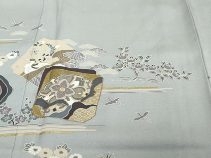 平和屋着物●訪問着　駒刺繍　色紙重ね飛鶴草花文　金彩　正絹　逸品　DABI2558ud
