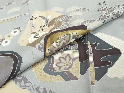 平和屋着物●訪問着　駒刺繍　色紙重ね飛鶴草花文　金彩　正絹　逸品　DABI2558ud