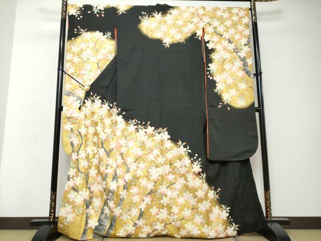 平和屋着物●豪華振袖　枝桜文　黒地　金彩　正絹　逸品　DABI2581ud