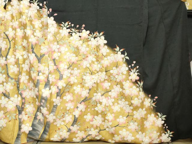 平和屋着物●豪華振袖　枝桜文　黒地　金彩　正絹　逸品　DABI2581ud