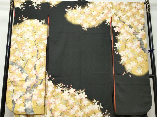 平和屋着物●豪華振袖　枝桜文　黒地　金彩　正絹　逸品　DABI2581ud