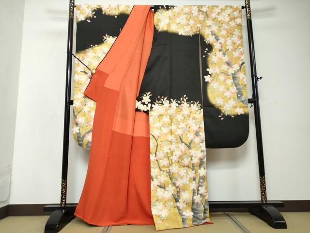 平和屋着物●豪華振袖　枝桜文　黒地　金彩　正絹　逸品　DABI2581ud