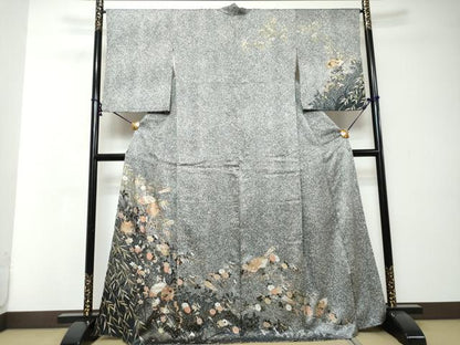 平和屋着物●訪問着　扇面糸車飛鶴花文　シルエット　金彩　正絹　逸品　DABI2582ud