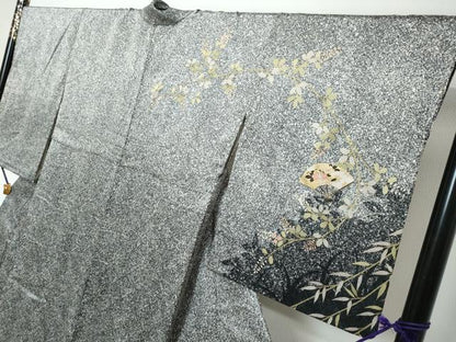 平和屋着物●訪問着　扇面糸車飛鶴花文　シルエット　金彩　正絹　逸品　DABI2582ud