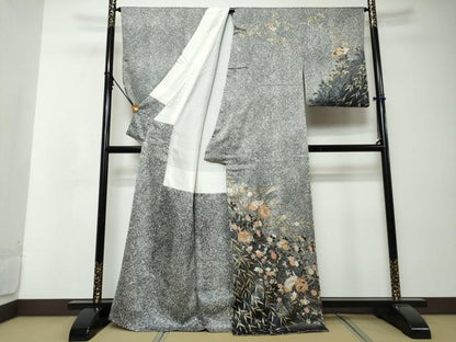 平和屋着物●訪問着　扇面糸車飛鶴花文　シルエット　金彩　正絹　逸品　DABI2582ud