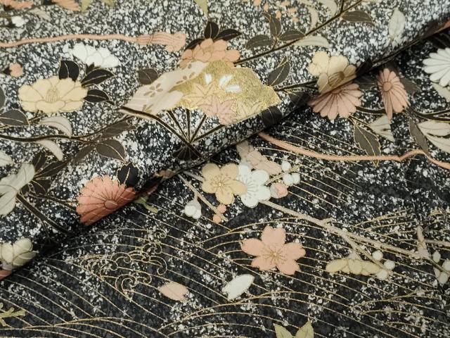 平和屋着物●訪問着　扇面糸車飛鶴花文　シルエット　金彩　正絹　逸品　DABI2582ud