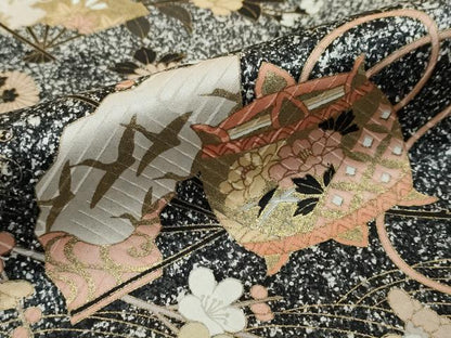 平和屋着物●訪問着　扇面糸車飛鶴花文　シルエット　金彩　正絹　逸品　DABI2582ud