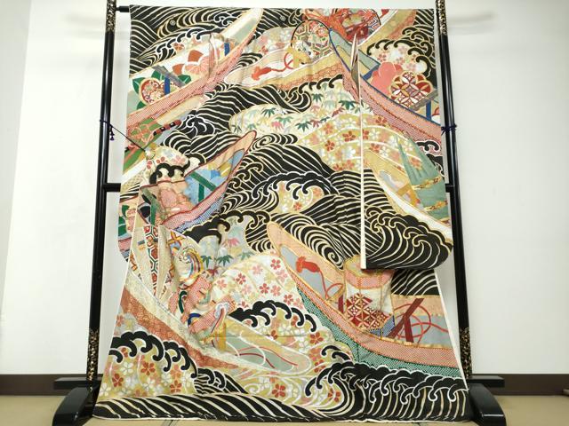 平和屋本店●アンティーク　大正ロマン　振袖　駒刺繍　扇面吉祥花文　金銀彩　正絹　逸品　DABI2584ud