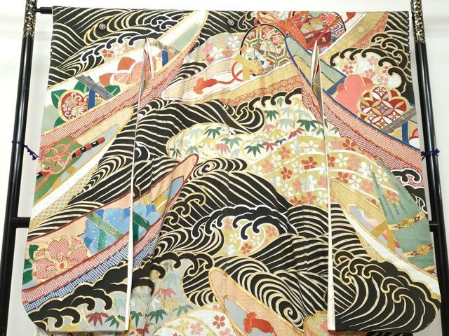平和屋本店●アンティーク　大正ロマン　振袖　駒刺繍　扇面吉祥花文　金銀彩　正絹　逸品　DABI2584ud