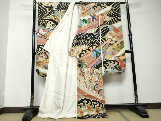 平和屋本店●アンティーク　大正ロマン　振袖　駒刺繍　扇面吉祥花文　金銀彩　正絹　逸品　DABI2584ud