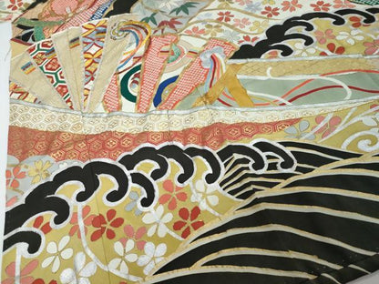 平和屋本店●アンティーク　大正ロマン　振袖　駒刺繍　扇面吉祥花文　金銀彩　正絹　逸品　DABI2584ud