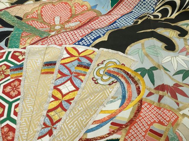 平和屋本店●アンティーク　大正ロマン　振袖　駒刺繍　扇面吉祥花文　金銀彩　正絹　逸品　DABI2584ud