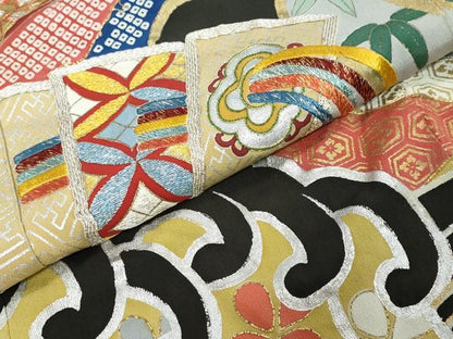 平和屋本店●アンティーク　大正ロマン　振袖　駒刺繍　扇面吉祥花文　金銀彩　正絹　逸品　DABI2584ud