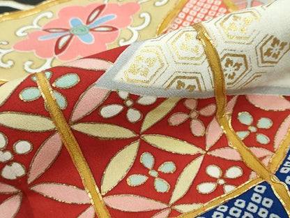 平和屋本店●アンティーク　大正ロマン　振袖　駒刺繍　扇面吉祥花文　金銀彩　正絹　逸品　DABI2584ud