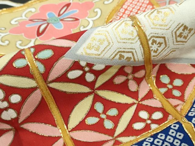 平和屋本店●アンティーク　大正ロマン　振袖　駒刺繍　扇面吉祥花文　金銀彩　正絹　逸品　DABI2584ud