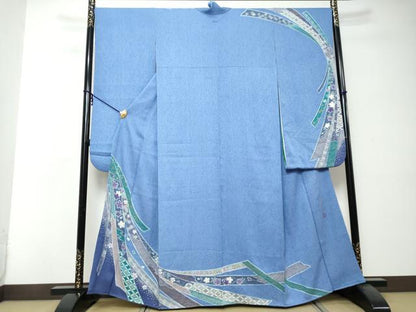 平和屋着物●豪華振袖　水晶染　熨斗草花文　金彩　銀通し地　正絹　逸品　DABI2585ud