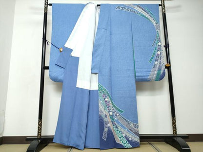 平和屋着物●豪華振袖　水晶染　熨斗草花文　金彩　銀通し地　正絹　逸品　DABI2585ud